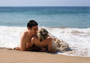 honeymoon couple embracing on the beach